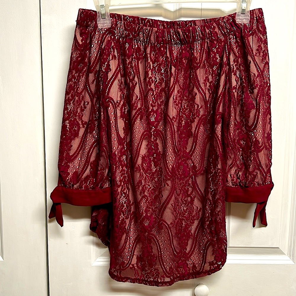 Per Seption Concept Burgundy Lace Cream Lining Off Shoulder Top Size L